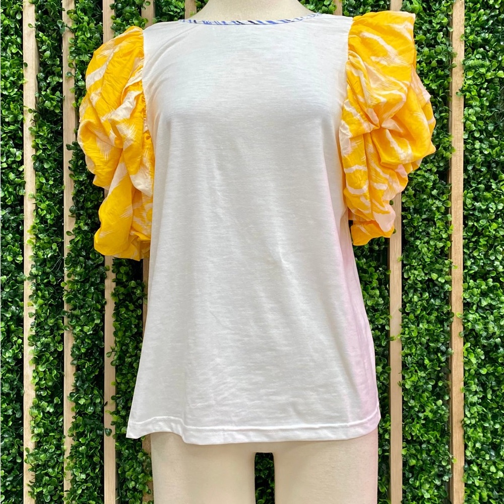 THML Yellow Angel Sleeved White Top Medium new no tags